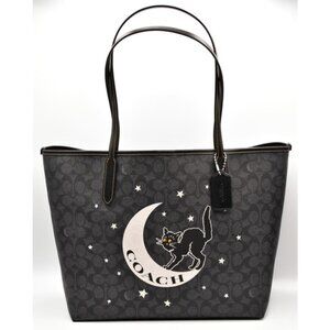 Coach City Tote Signature Canvas With Halloween Cat Graphic Black 2024 NEW NWT